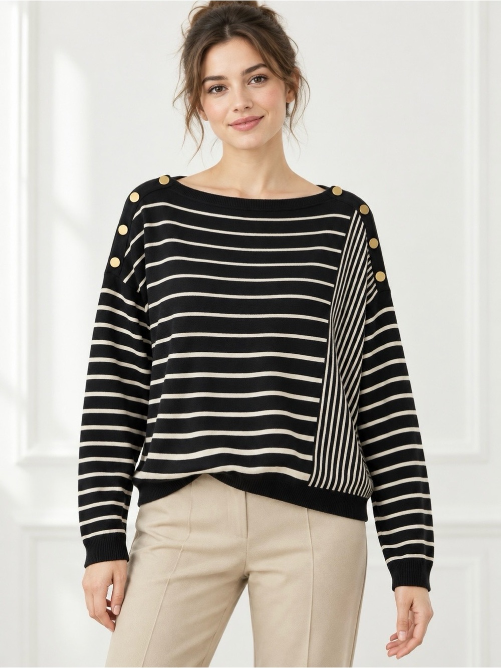 Ann Taylor Striped Side Panels Knit Sweater Boat Neck Gold Buttons Shoulders